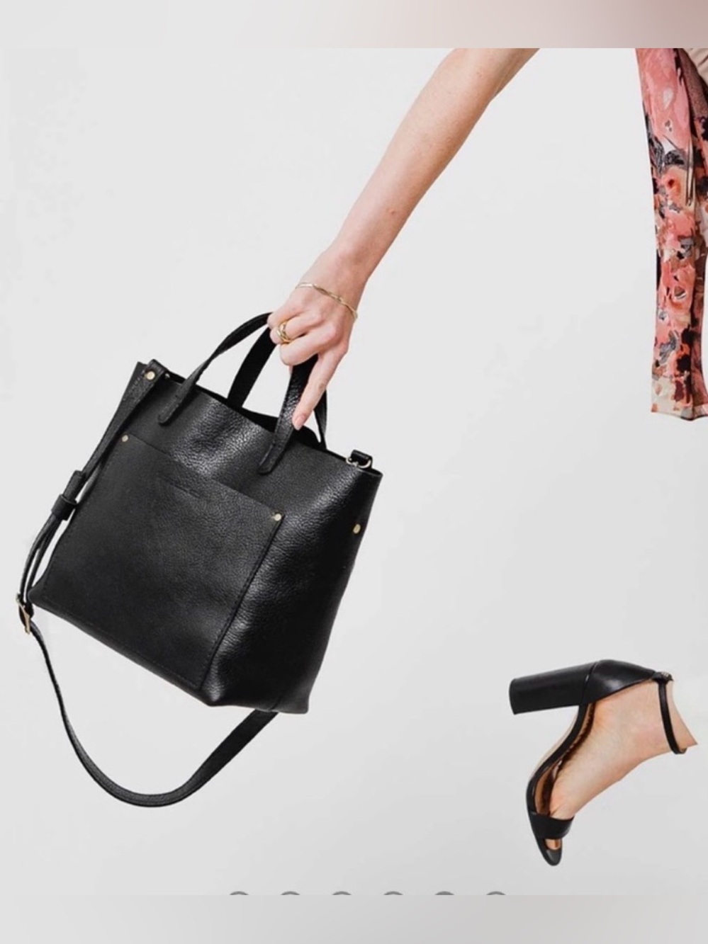 Quince Black Leather Tote Bag with Top Handles and Crossbody